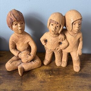 Lee Bortin‎ Signed Clay Children Figurines Football Kids Folk Art Lot Of 2